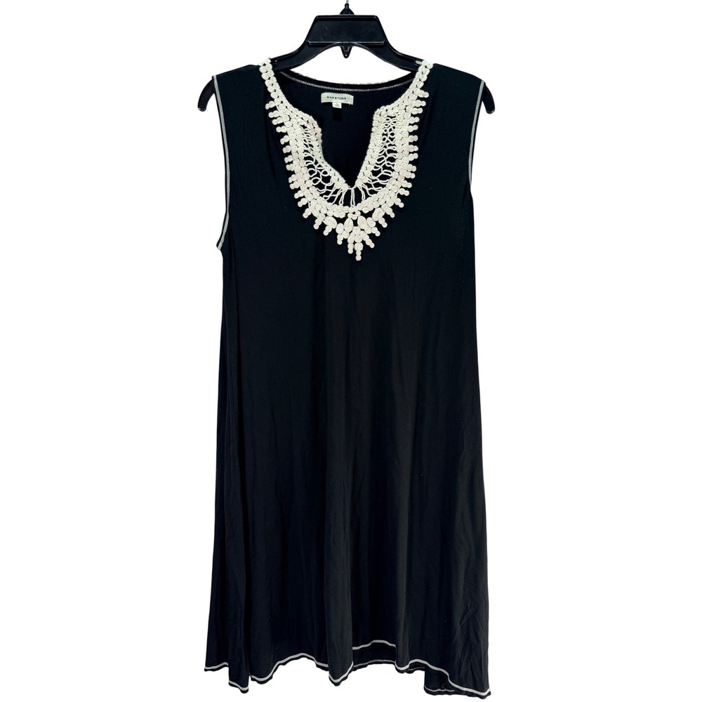 Max Studio Shift Dress Womens L Black Crochet V-Neck Sleeveless Boho LBD Summer